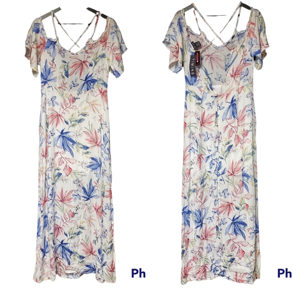 TIMING White Floral Maxi Dress Open Back Flutter Sleeve Size L NWT